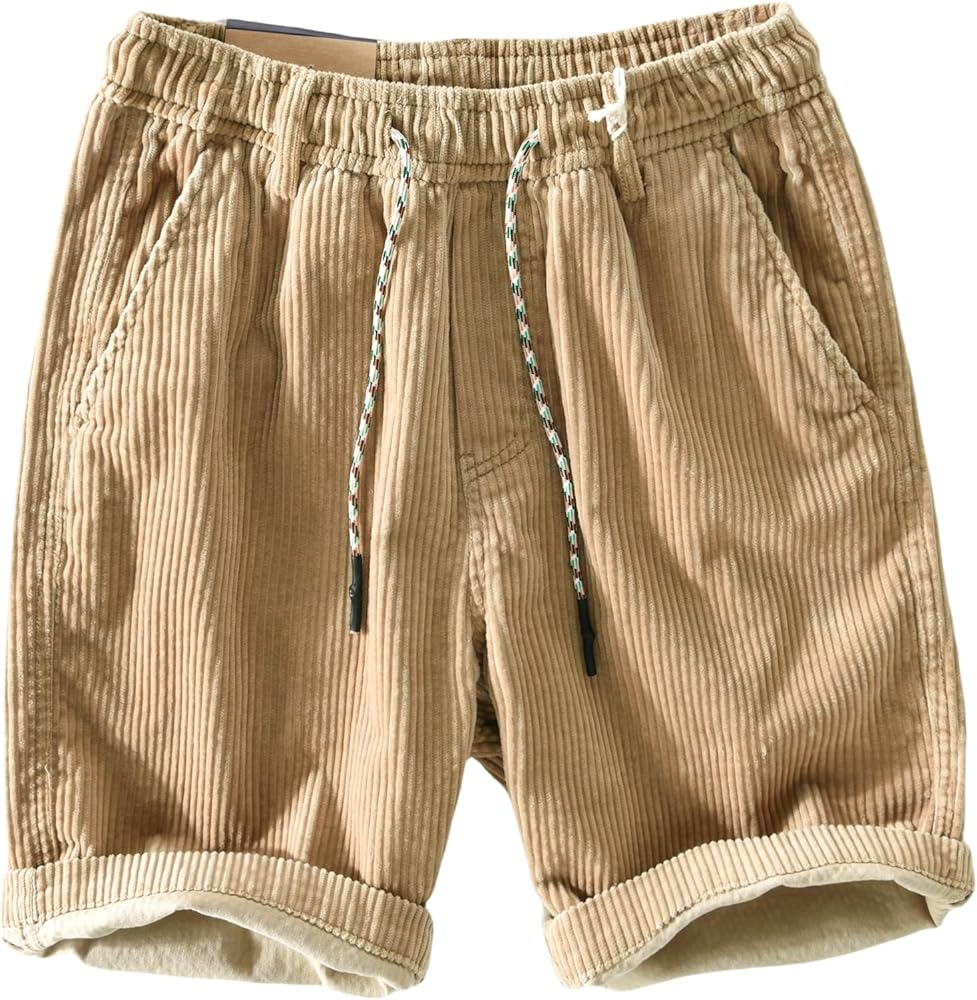 Corduroy Shorts Men with Pockets Mens Corduroy Shorts Drawstring Elastic Waist for Spring Summer Beach Casual Shorts