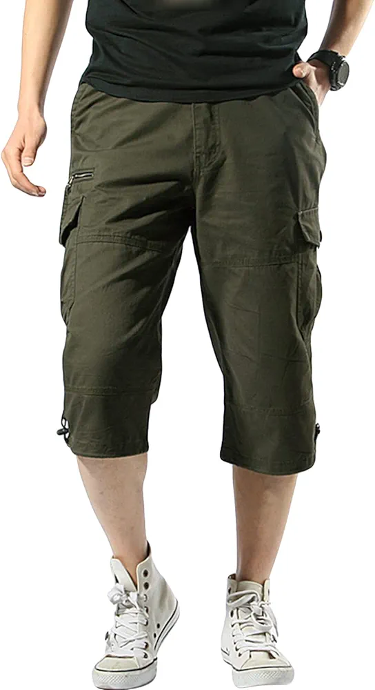 Men's 3/4 Long Cargo Shorts Loose Fit Below Knee Tactical Capri Short Relaxed Fit Short Pants with Multi Pockets