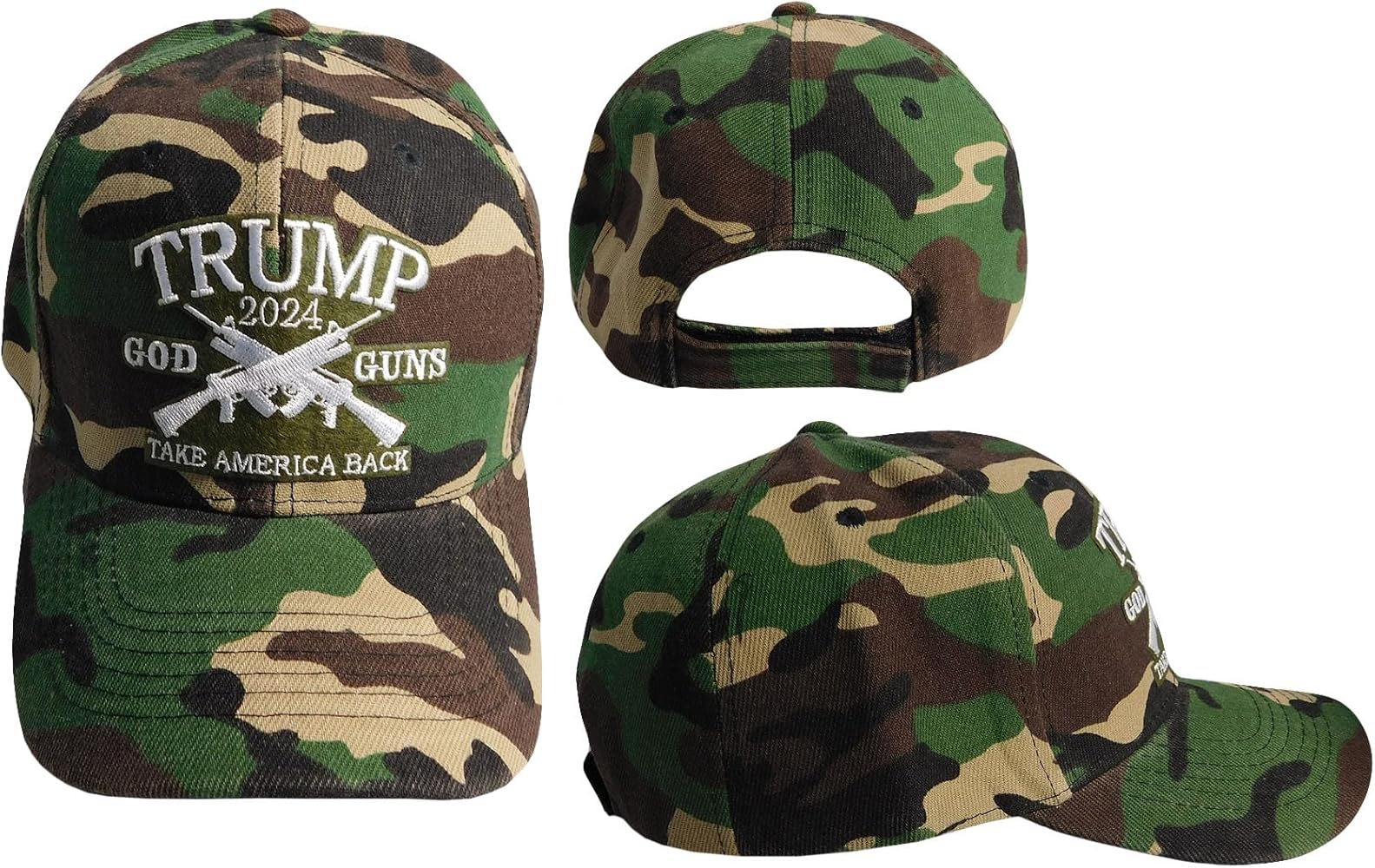 Trade Winds Trump 2024 God Guns Take America Back Woodland Camouflage Camo Adjustable Embroidered Cap Hat