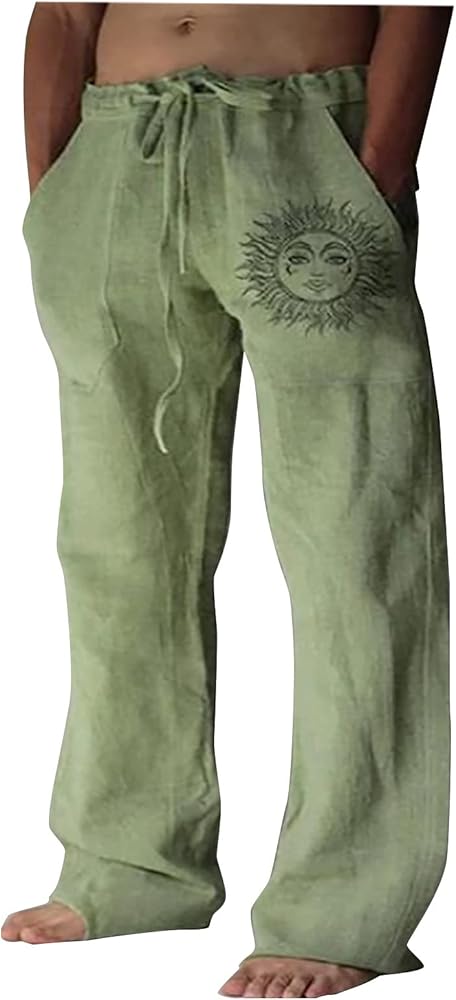 Cotton Linen Pants for Men,Sun Print Casual Loose Fit Baggy Hippy Style Retro Classic Lightweight Yoga Trousers,Vacation Holiday Beachwear Y2K Hemp Sweatpants for Men(Green,XXXL)