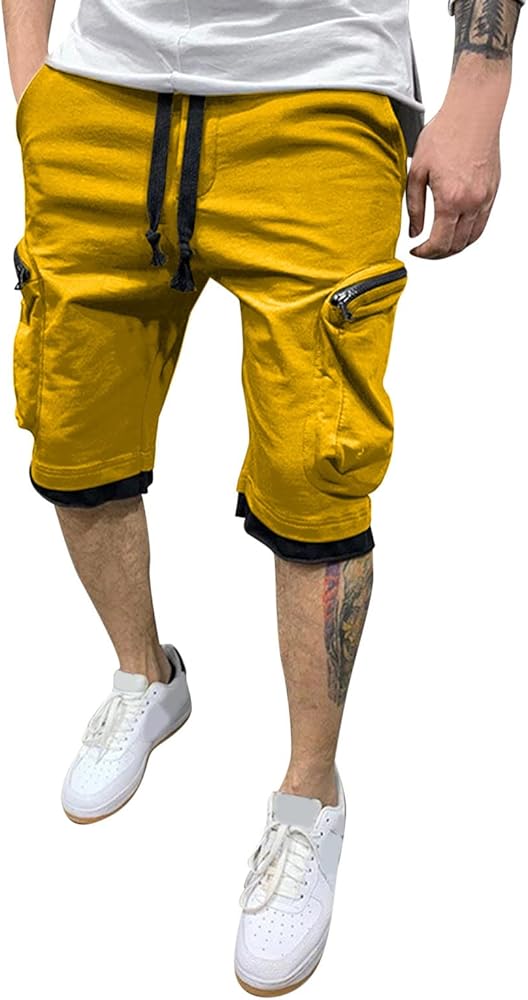 Mens Casual Cargo Shorts Mid Waist Shorts Cargo Pant Casual Solid Color Zipper Pocket Drawstring Shorts Fashion Pants