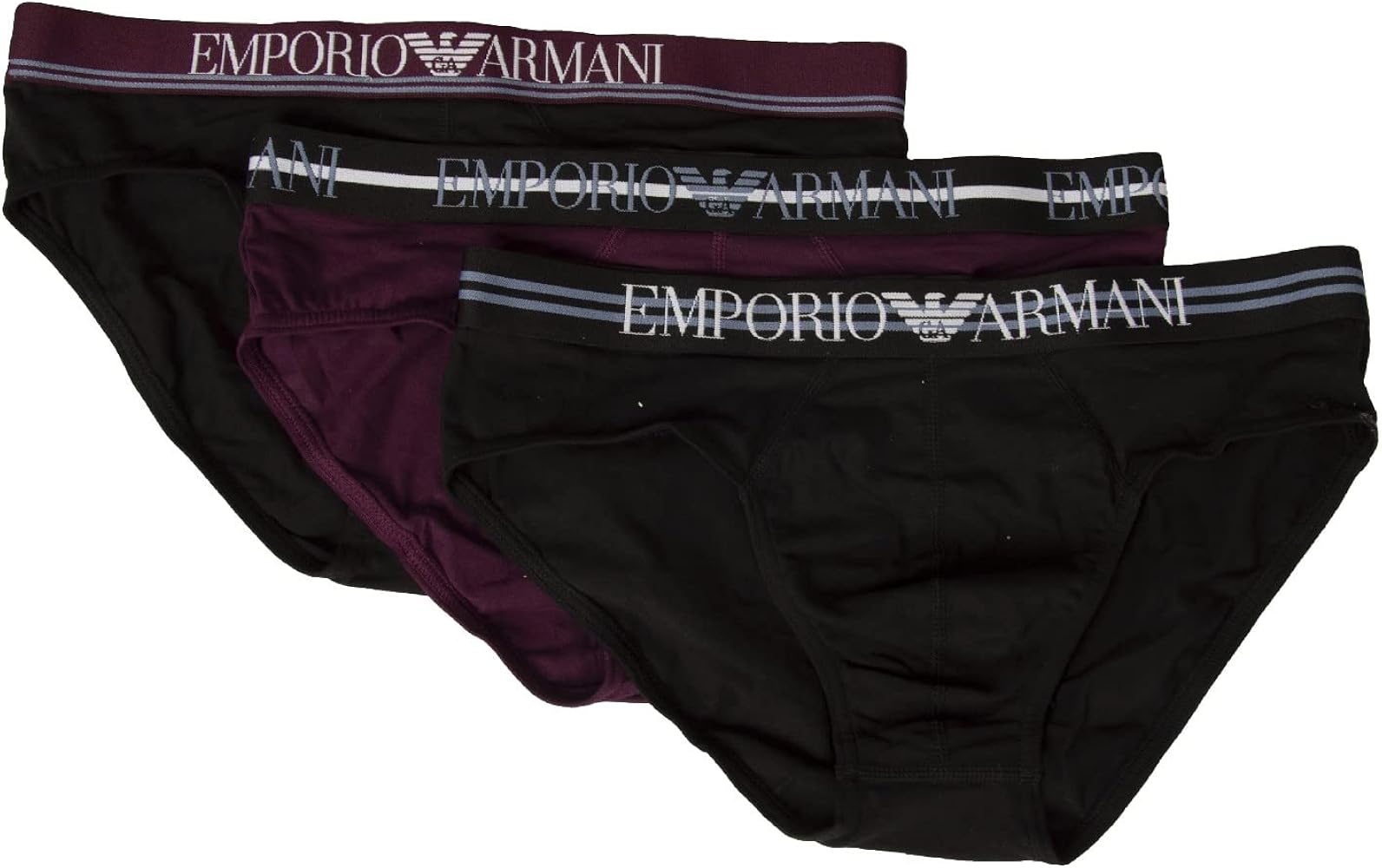 EMPORIO ARMANI men's briefs 3-piece pack elastic underpants stretch cotton underwear article 111734 2F723 BRIEF, 18921 Nero/Prugna/Nero, Large