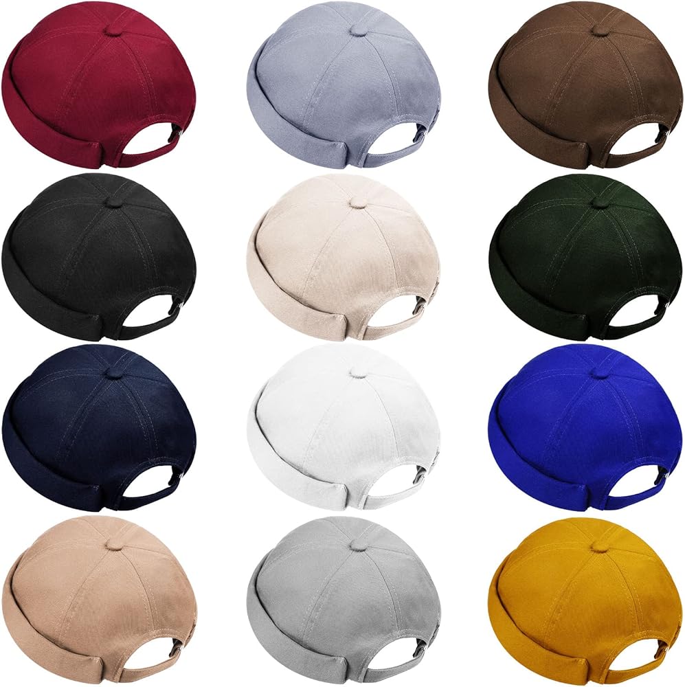 12 Pieces Brimless Hat Docker Cap Adjustable Skull Caps for Men Women Rolled Cuff Hats Brimless Beanie Hat, Assorted Colors