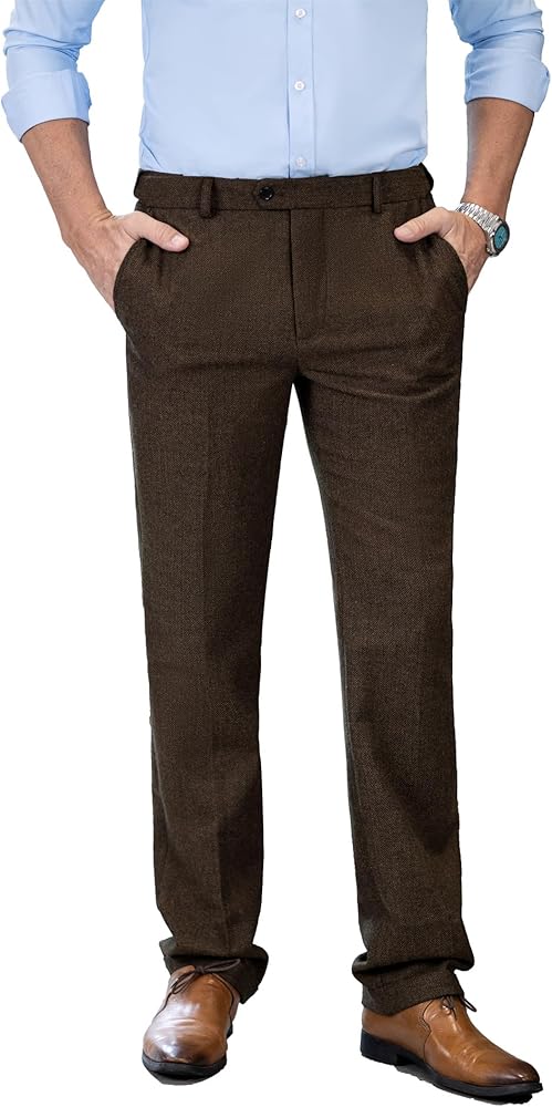 Mens Vintage Tweed Dress Pants Slacks Trousers Regular Fit Suit Pants for Men