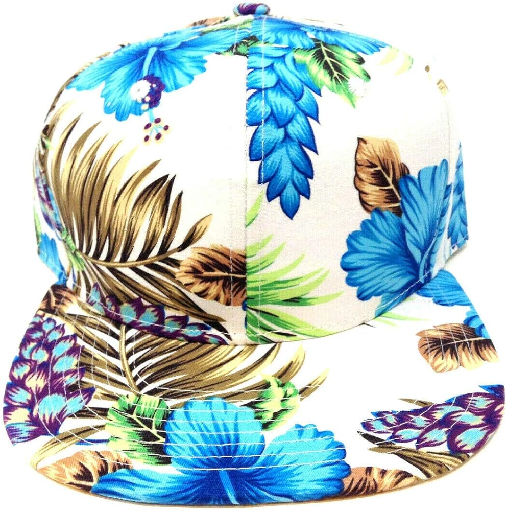 August Caps White & Blue Hibiscus Hawaiian Floral Print Snapback