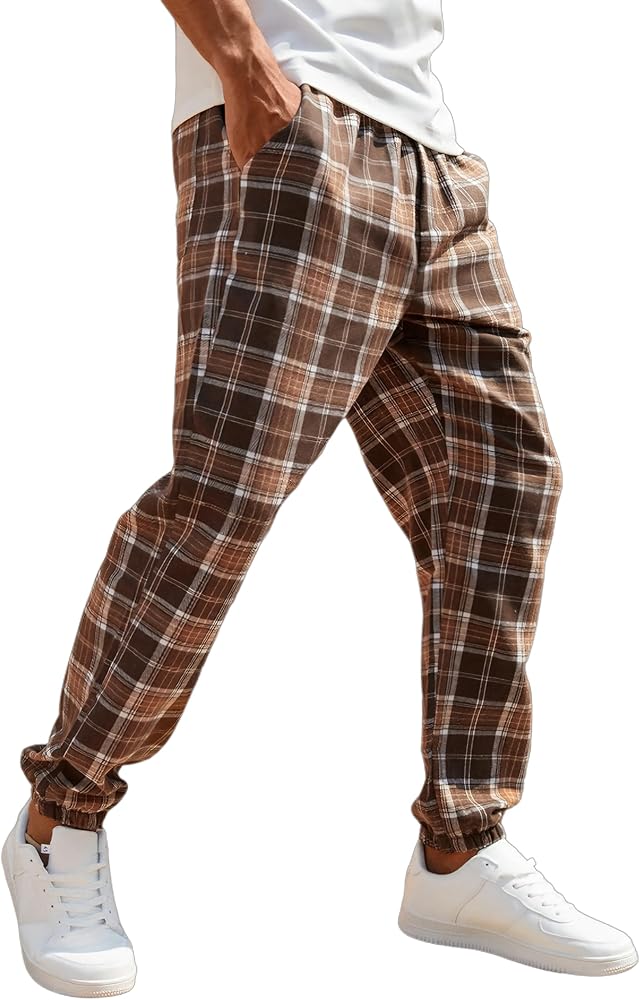 WDIRARA Men's Plaid Print Drawstring Waist Pants Loose Fit Casual Jogger with Pocket