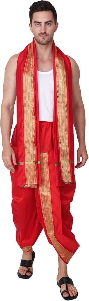 Rameshwaram Fabrics Silk Ready to Wear Dhoti for men, Readymade Dhoti Pant with Dupatta, Suitable with Kurta, Free Size