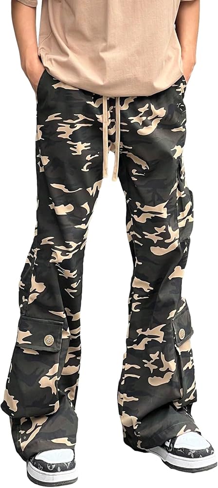 WDIRARA Men's Camo Printed Flap Pockets Drawstring Waisted Street Casual Cargo Pants