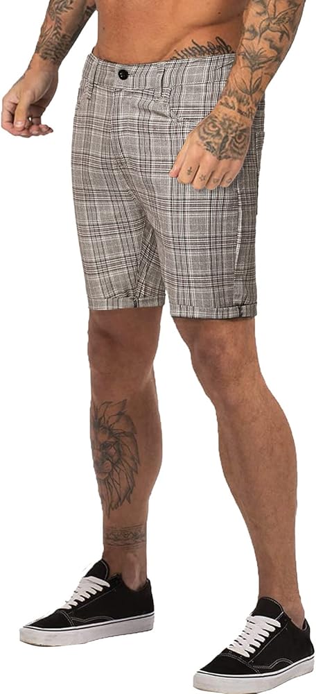 Mens Fashion Plaid Shorts Summer Casual Slim Fit Flat Front Business Short Pants with Pockets 2023