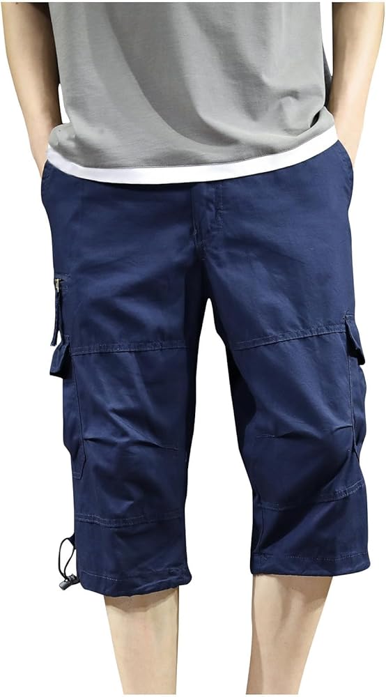 Men's Cargo Shorts Twill Cotton 3/4 Capri Pants with 6 Pockets Below Knee Outdoor Tactical Work Long Shorts Trousers Mens Pants Cargo Relaxed Fit Pantalon Homme Jeans Navy