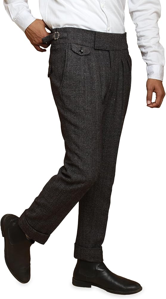 Custom Made Men's Grey Herringbone Wool Gurkha Style Pant, Double Pleated, Formal Casual Wear