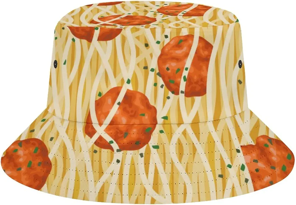 Spaghetti Meatballs Pattern Bucket Hat Packable Lightweight Fisherman Hat Beach Sun Cap for Fishing Travel Outdoor One Size