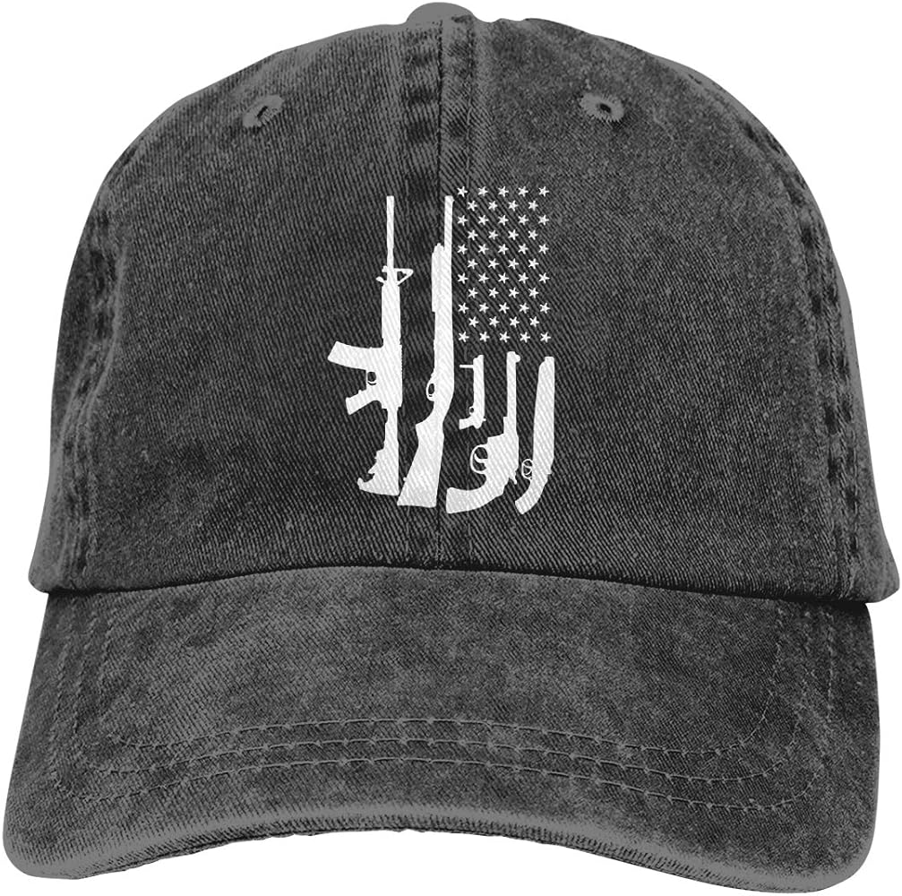 Men's American Flag with Machine Gun Hat Washed Adjustable Baseball Cap