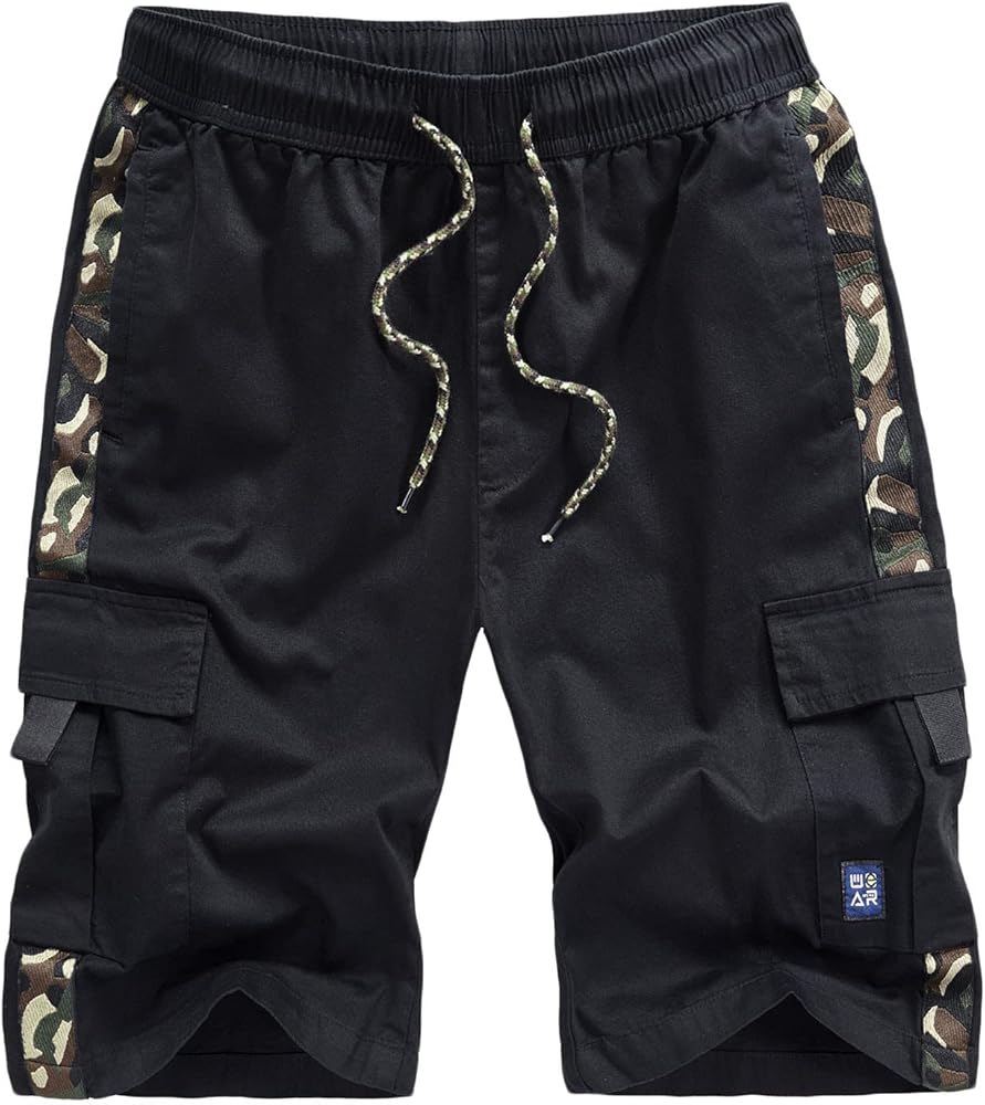 Lastesso Mens Camo Cargo Shorts Patchwork Drawstring Beach Shorts Multi Pocket Workout Summer Stretch Waist Plus Size Short