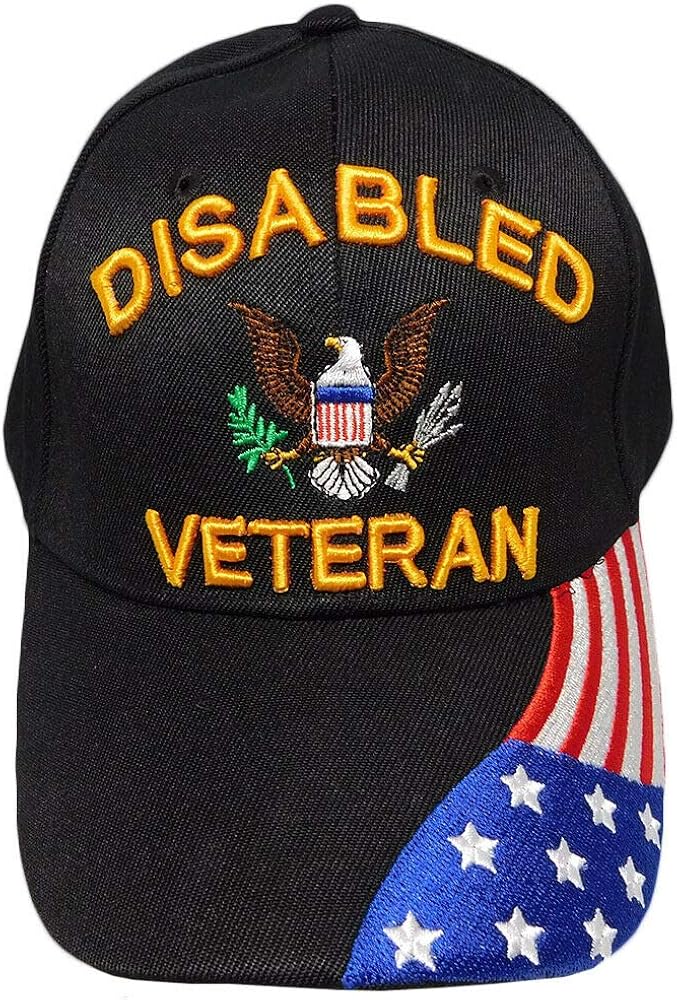 Disabled Veteran w/Eagle, USA Flag On Bill Black Embroidered Adjustable Baseball Hat Cap