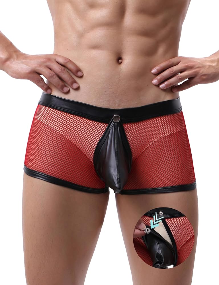 comeondear Mens Underwear Lingerie Mesh Boxer Brief with PU Removable Pouch for Men Trunks Underpants