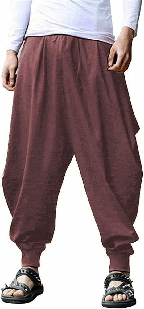 perdontoo Mens Casual Harem Pants Loose Elastic Waist Drawstring Hippie Aladdin Drop Crotch Trousers