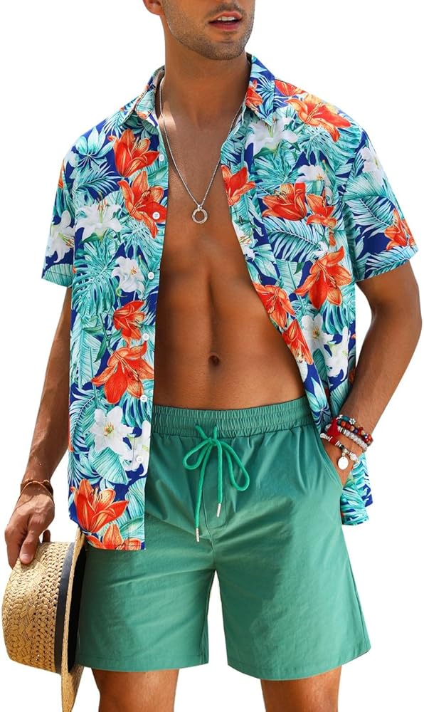 EISHOPEER Men's Flower Shirt Hawaiian Sets Casual Button Down Short Sleeve Shirt and Solid Quick Dry Beach Shorts S-3XL