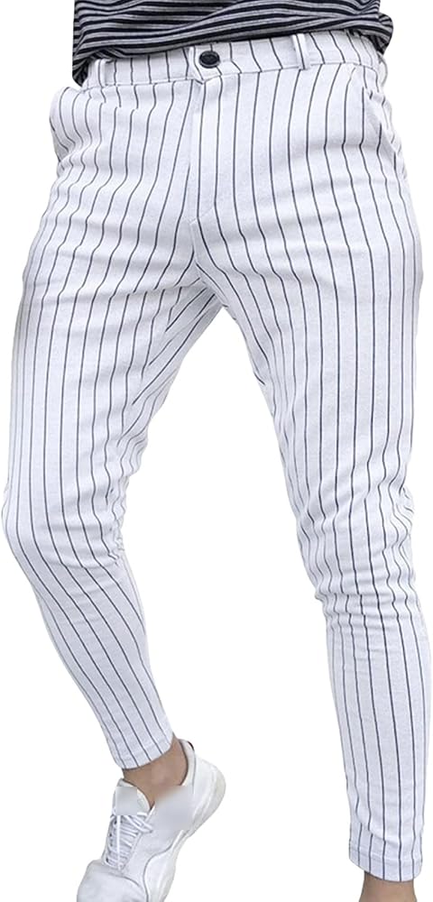 Men's Business Striped Dress Pants Pinstripe Flat Front Stretch Trousers Casual Slim Fit Skinny Formal Pant