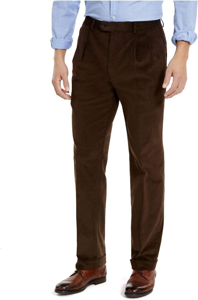 Lauren Ralph Lauren Men's SZ 38W X 29L Chocolate Brown Corduroy Pants, Pleat Front, Straight Leg, Classic Fit, Cuffed, Machine Wash, New with Tags