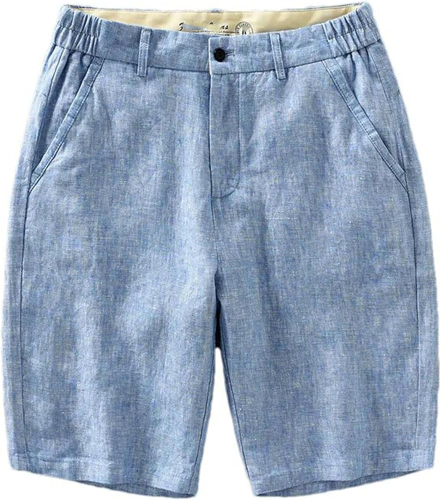 Summer Solid Shorts for Men Linen Lightweight Beach Straight Loose Casual Button Up Short Pants