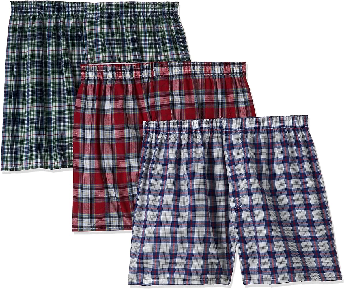 Fruit of the Loom Men`s 3-Pack Assorted Tartan Plaid Boxers, FTL-590, S