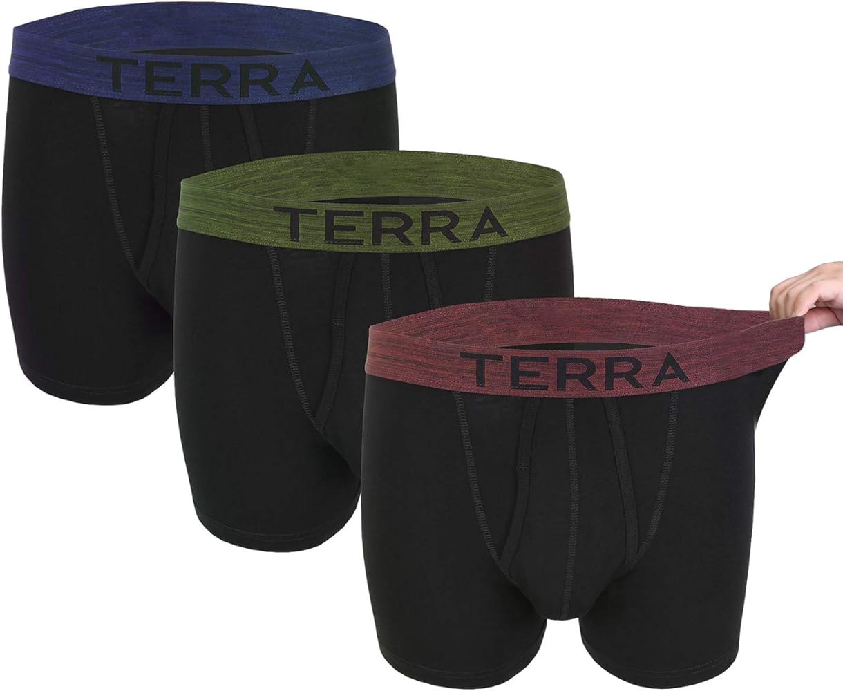 Terra Men's Cotton Classic Stretch Boxer Brief, Assorted Underwear, 3-Pack Black Blue/Black Olive/Black Maroon , Medium