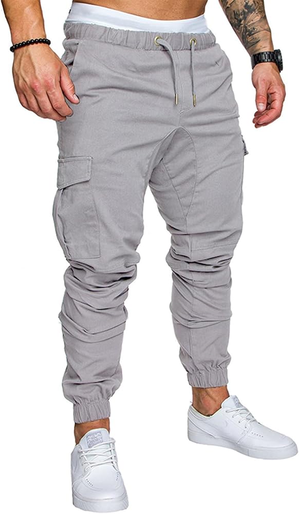 HUNGSON Men's Fashion Cargo Pants - Casual Cotton Tapered Stretch Twill Drawstring Athletic Joggers Sweatpants with 6 Pockets