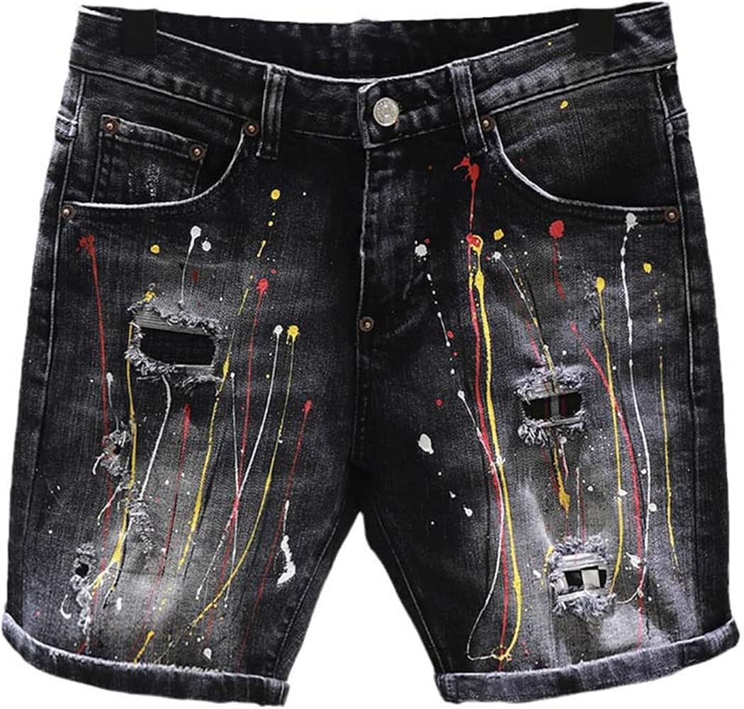 Men's Summer Denim Shorts,Ripped Hole,Paint Graffiti Patch,Hip Hop Burrs,Straight Streetwear