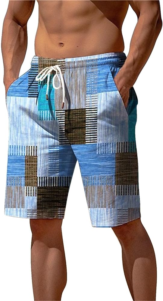 Mens Linen Beach Shorts Fashion Plaid Print Color Block Hawaiian Shorts with Pockets Elastic Waist Lightweight Yoga Shorts