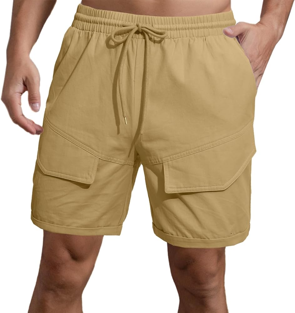 Men's 6 Inch Cargo Shorts Elastic Waist Casual Hiking Shorts Cotton Outdoor Work Shorts(Khaki,Large)