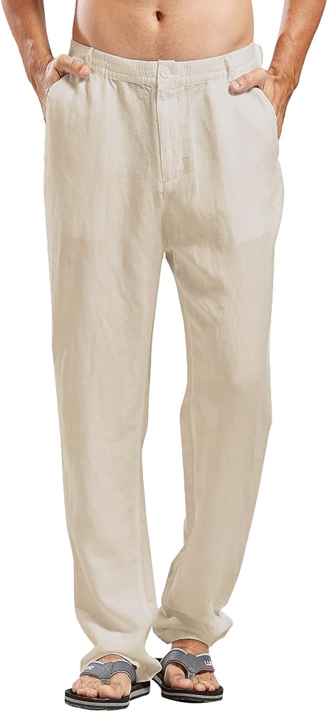 CHARTOU Man's Summer Casual Stretched Waist Loose Fit Linen Beach Pants