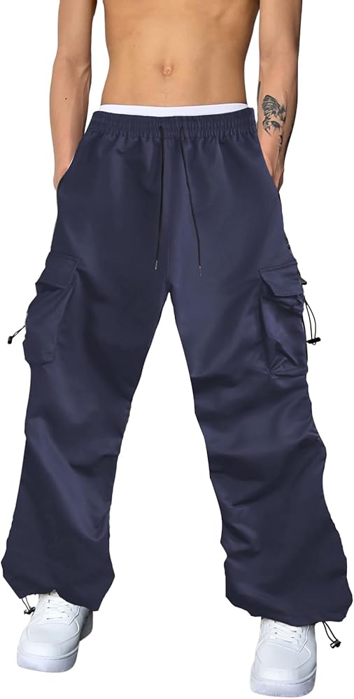 OYOANGLE Men's Drawstring Waisted Baggy Cargo Pants Flap Pocket Side Parachute Pants