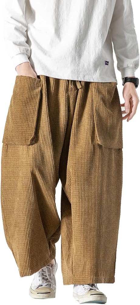 Men's Corduroy Pants Straight Baggy Wide Leg Stretch Elastic Waist Drawstring Relaxed Fit Trousers Pant