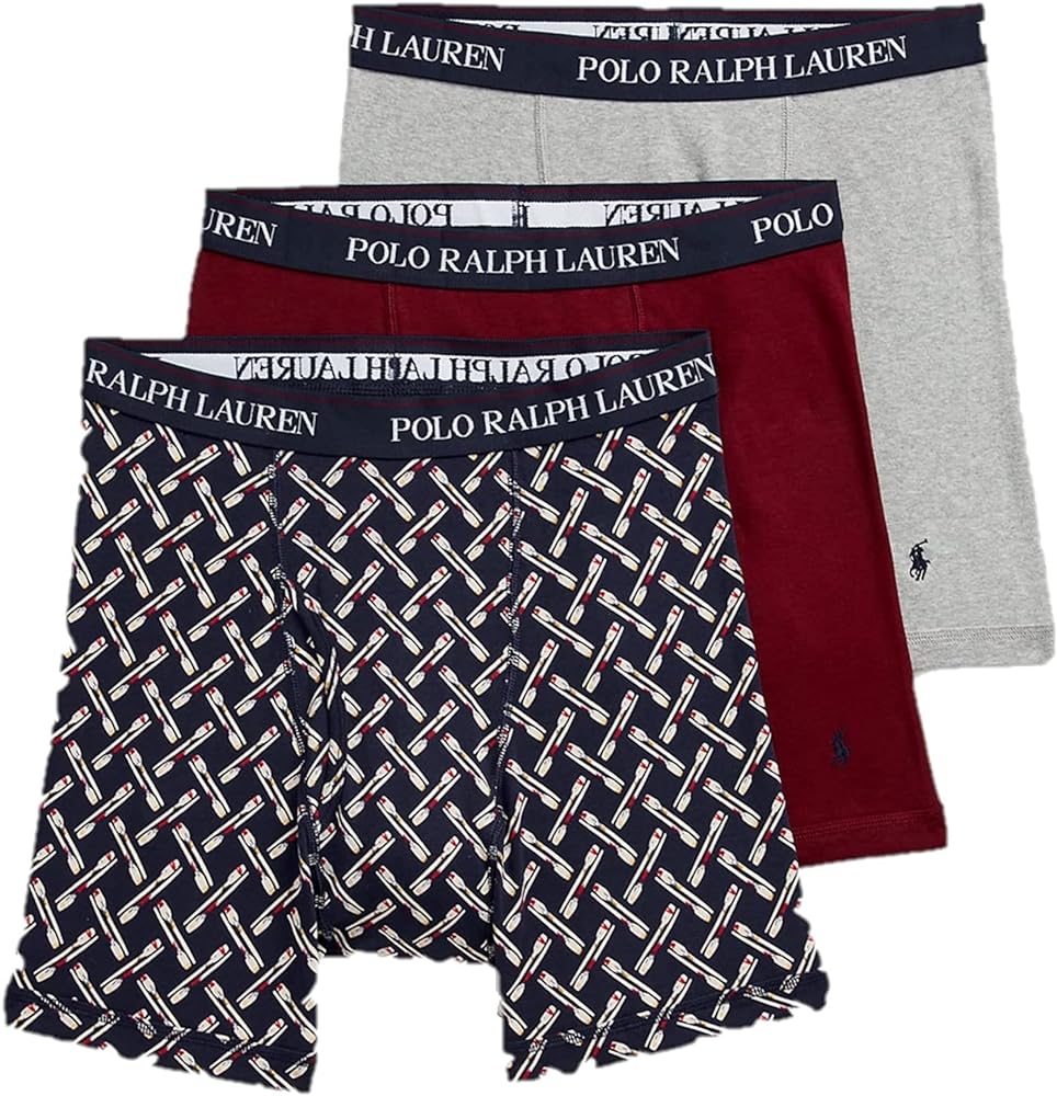 Polo Ralph Lauren POLO RALPH LAUREN Classic Fit w/Wicking 3-Pack Boxer Briefs, Cruise Navy Oars Print/Classic Wine/Andover Heather MD, Medium, (RCBBP3)