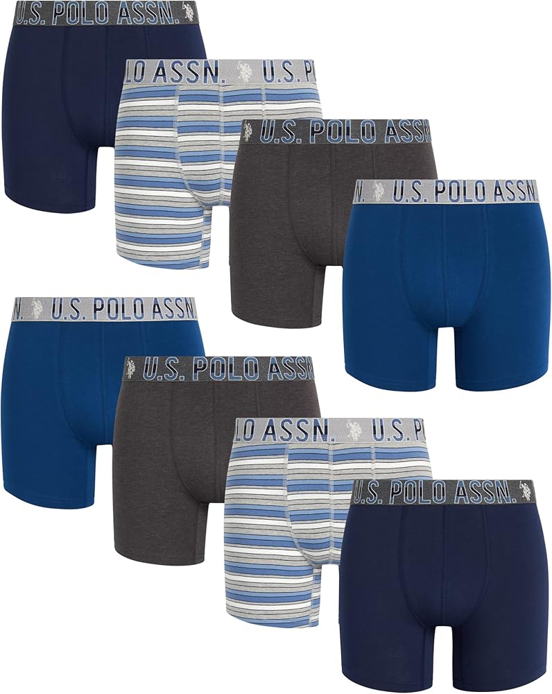 U.S. Polo Assn. Men's Underwear - Performance Stretch Boxer Briefs with Comfort Pouch (8 Pack), Size Large, Maritime Blue/Heather Grey Stripe/Charcoal/Blue