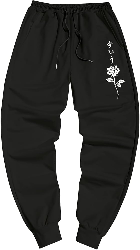 ZAFUL Men's Casual Rose Graphic Printed Sweatpants Stretch Solid Joggers with Porcket and Drawstring