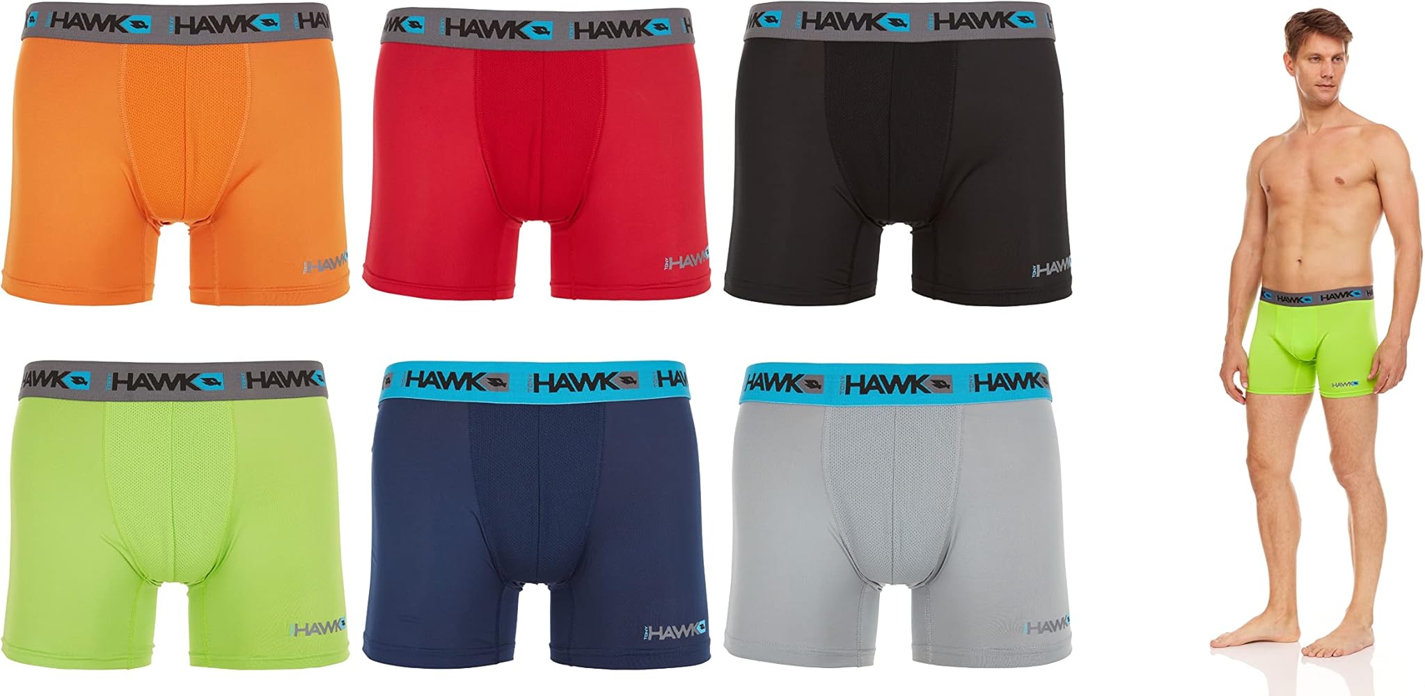 TONY HAWK Mens Performance Boxer Briefs - SPORTY FIT Short Leg 6-Pack Mystery Colors Stretch Breathable No Fly (S-5X)