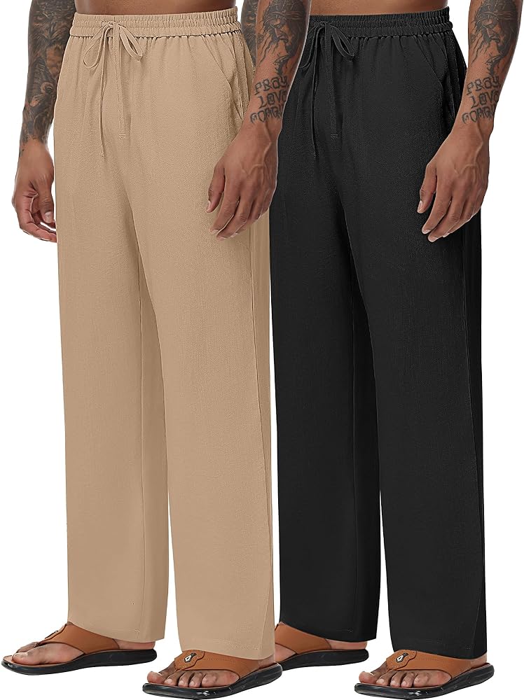 2 Pack Men's Linen Pants, Casual Pants with Pockets Lightweight Pants Elastic Waist Yoga Lounge Trousers