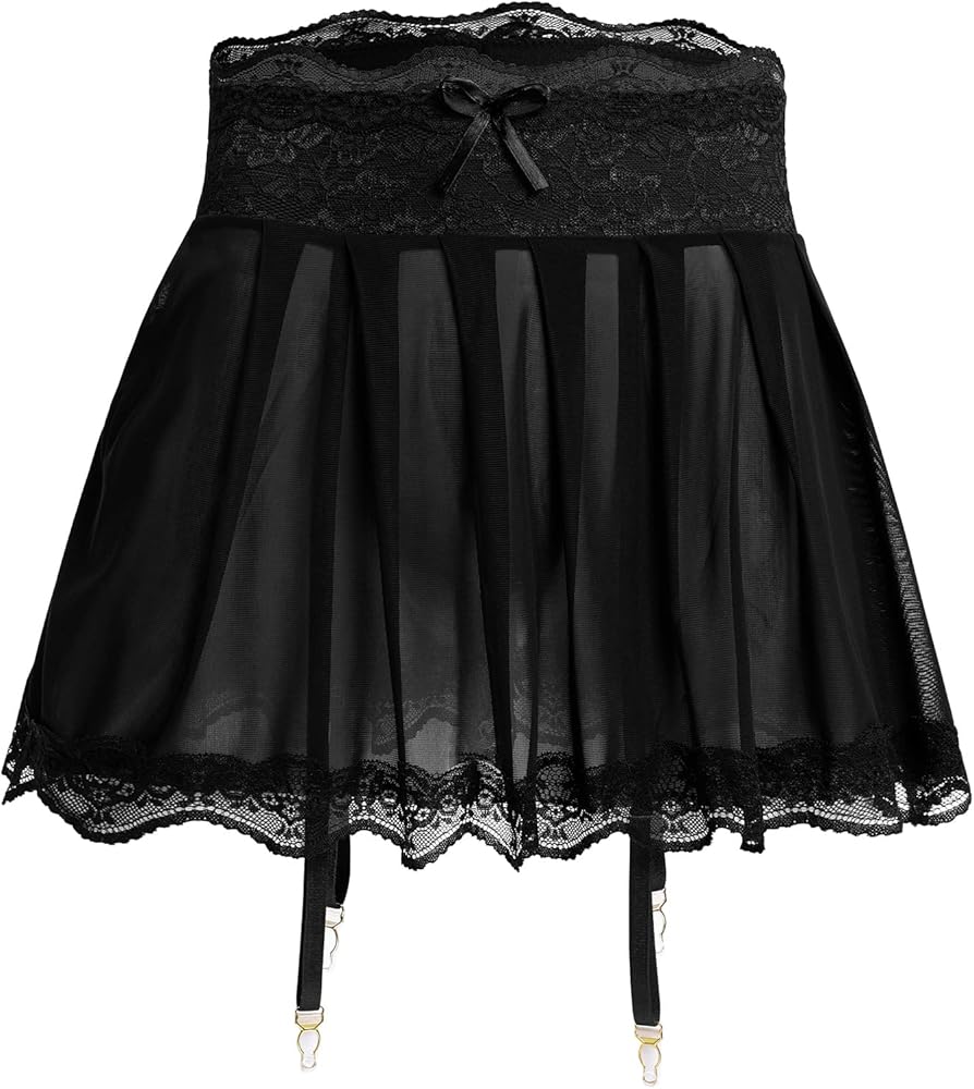 Men's Sissy Crossdressing Lingerie Sheer Mini Skirt with Garters Belt Strappy Lace Trim Tulle Micro Skirts Underwear