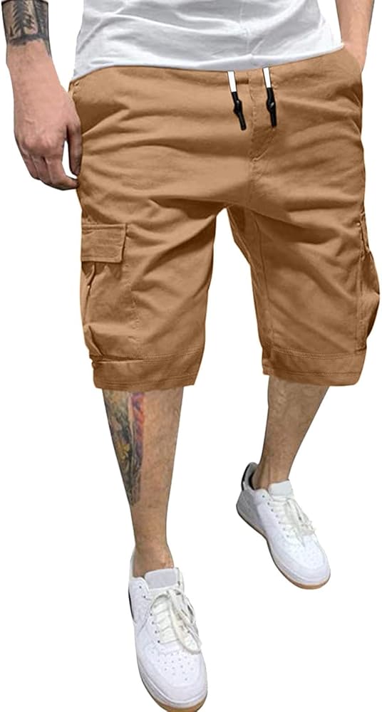 Cargo Shorts for Men Stretch Drawstring Work Shorts Outdoor Hiking Fishing Cargo Shorts Athletic Shorts Pockets