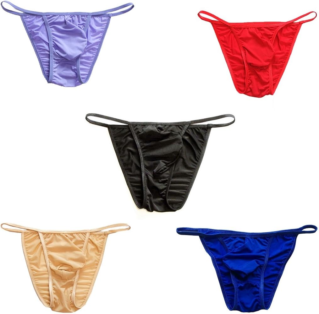 Men's Comfortable Silky Bugle Pouch Tanga Strings Underwear Brief Bikini, 5-pack Mixed Color C, Large