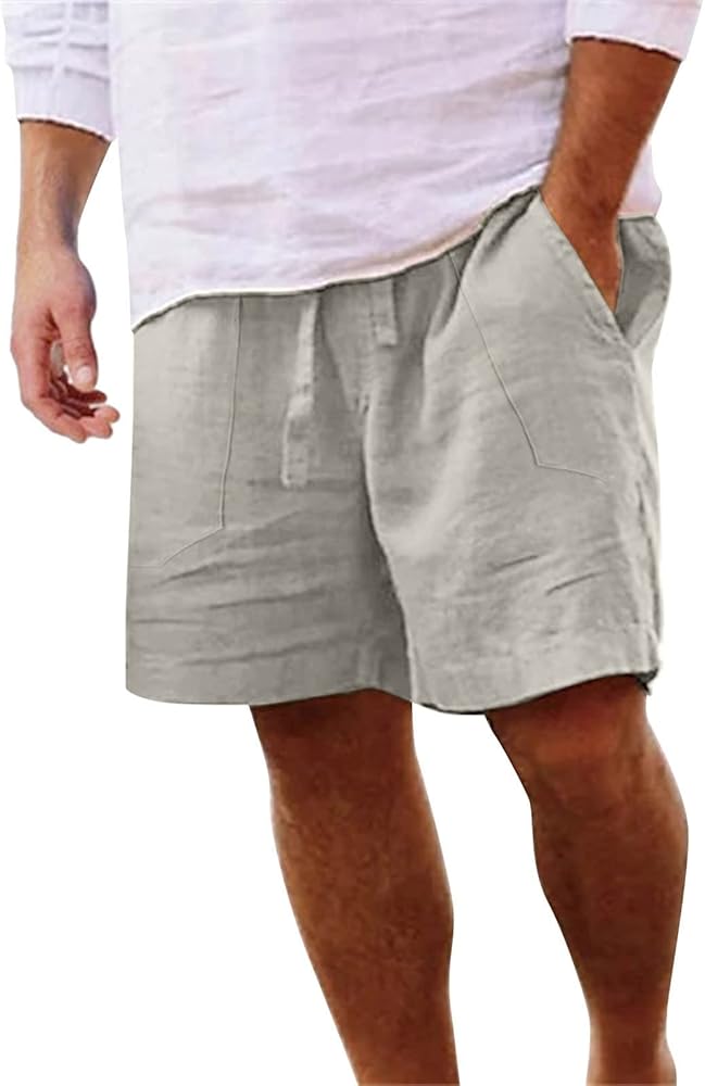 Linen Shorts for Men Casual Summer Elastic Stretch Waist Drawstring Solid Color with Pocket Loose Short