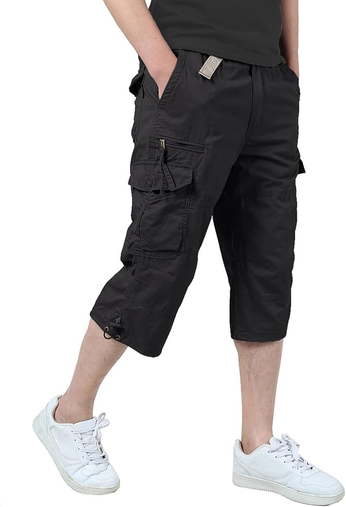 TIANBA Mens 3/4 Long Cargo Shorts Loose Fit Elastic Work Capri Shorts below Knee Casual with 7 Pockets