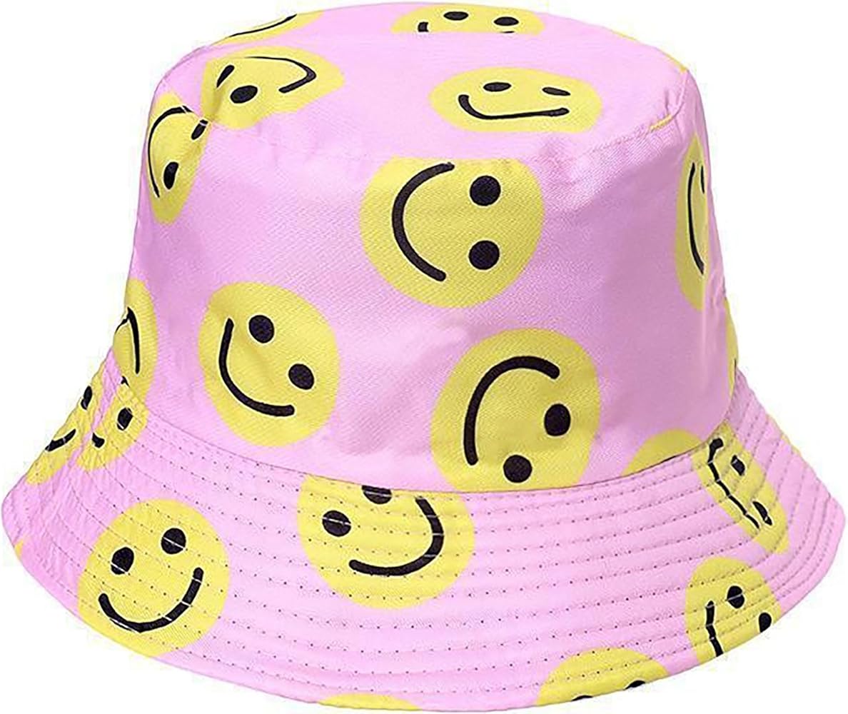 Smiley Face Print Bucket Hat Cute Happy Fishing Cap Reversible Packable Beach Sun Hats for Women, Men