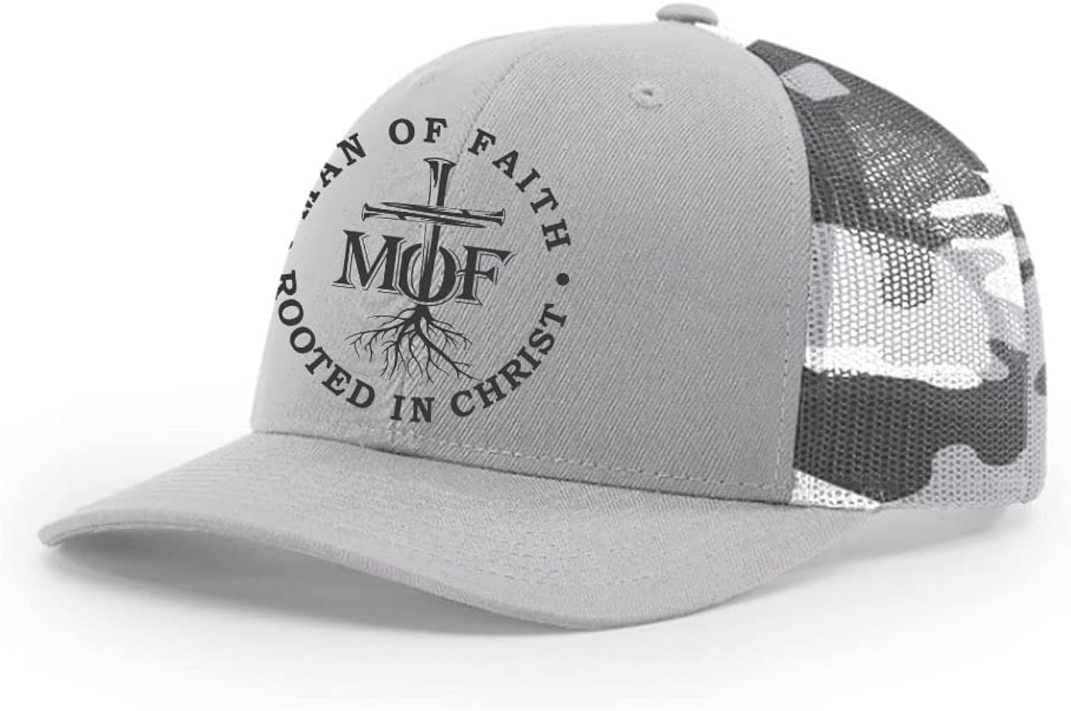 Christian Man of Faith Rooted in Faith Mens Embroidered Mesh Back Trucker Hat