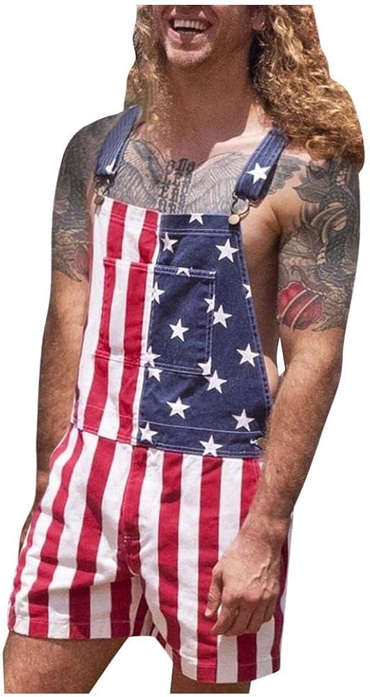 Denim Bib Shorts for Men Women American Flag Overalls Adjustable Strap Jean Shorts Rompers Jumpsuit with Pocket