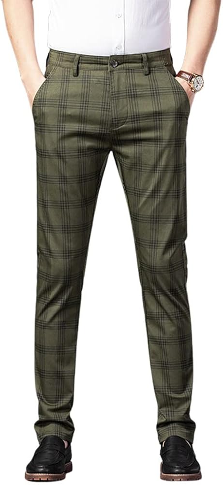 utcoco Men Casual Plaid Slim Fit Straight Stretch Dress Pants