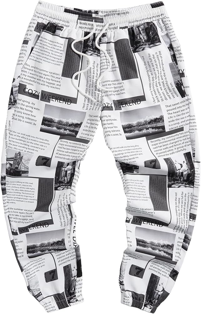 GORGLITTER Men's Newspaprer Print Pocket Jogger Pants Patchwork Drawstring Waist Street Pants