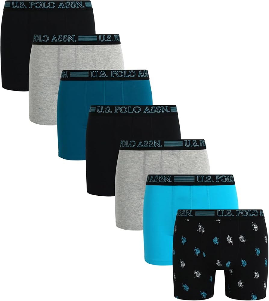 U.S. Polo Assn. Men's Underwear - Casual Stretch Boxer Briefs (7 Pack), Size Medium, BlackPrintDep LagoonHeather GreyScuba Blue